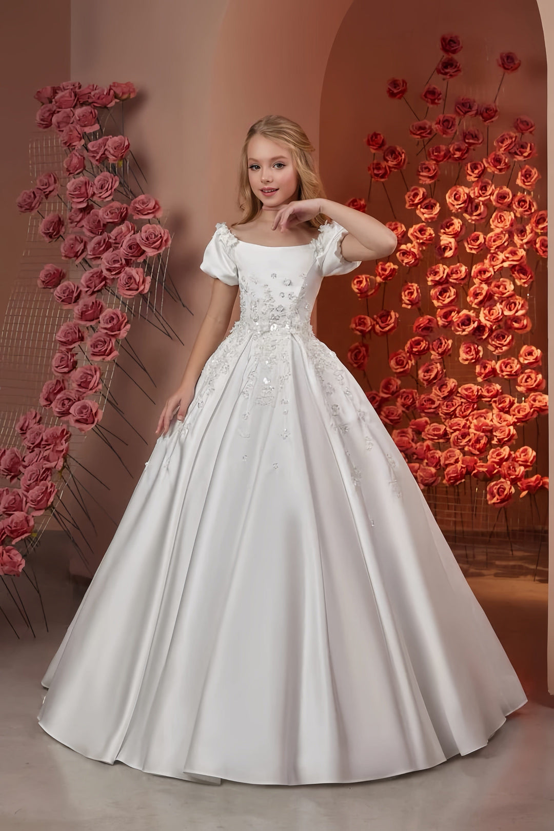 3m / White Sunnypetal Luxurious Satin Sequins Beaded Flower Girl Dress for Special Occasions