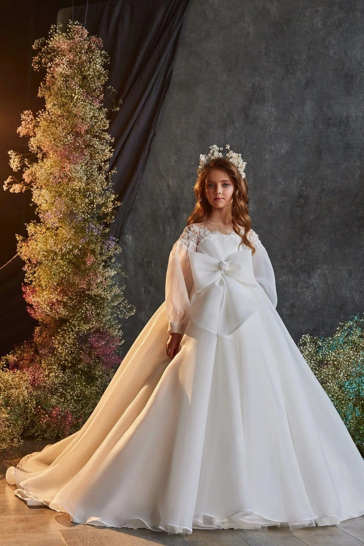 3m / White Sunnypetal Luxurious White Chiffon Puff Sleeves Flower Girl Gown with a Front Bow