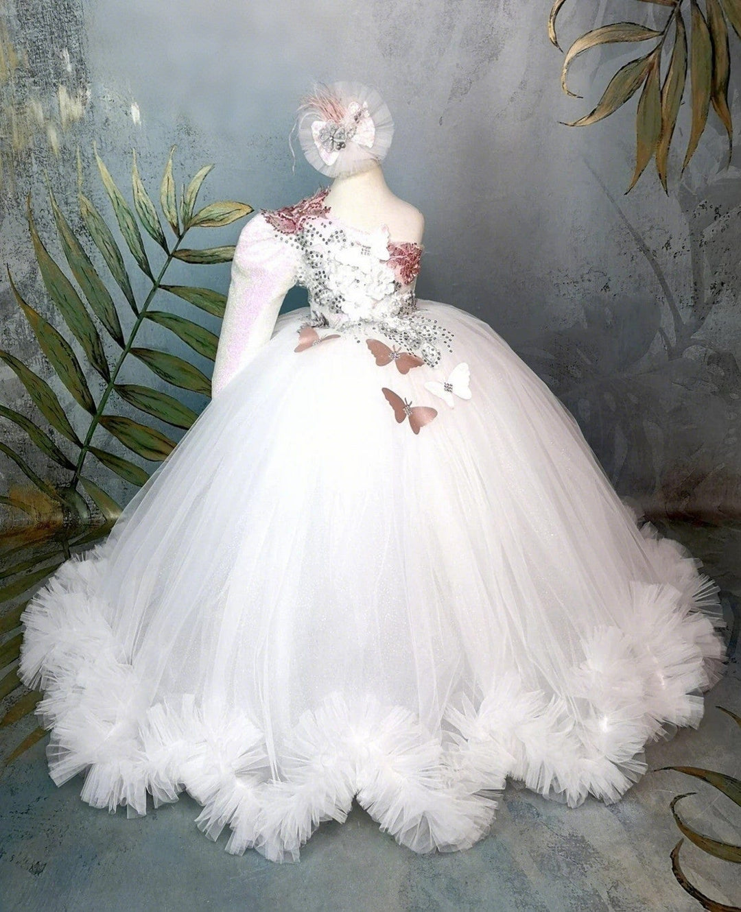 3m / White Sunnypetal Luxury White One-Shoulder Butterfly Floor-Length Flower Girl Dress for Wedding