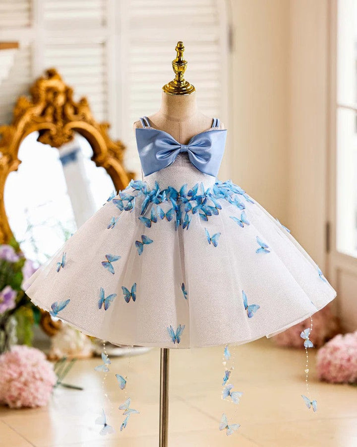 3m / White Sunnypetal Off-Shoulder Satin Bow 3D Butterfly Glitter Tulle Flower Girl Dresses