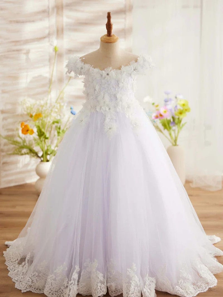 3m / White Sunnypetal Pink Princess Flower Girl Dress Lace Appliques Girl Birthday Pageant Dance Dress