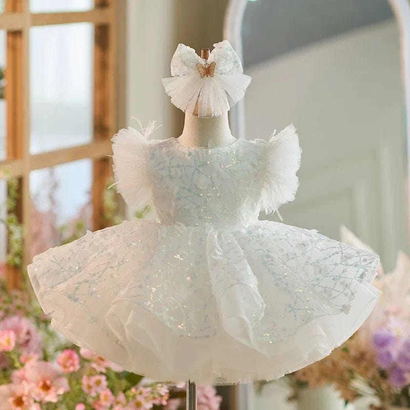 3m / White Sunnypetal Puff Sleeves Lace 3D Butterflys Ball-Gown Flower Girl Dresses