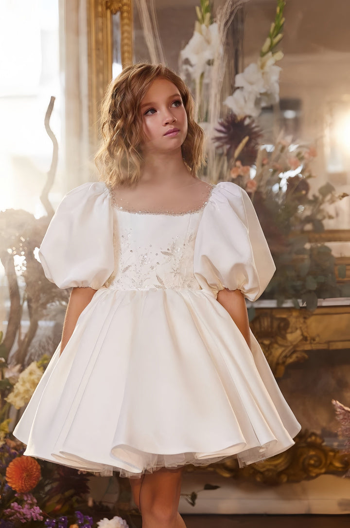 3m / White Sunnypetal Puff Sleeves Square Neck Satin Flower Girl Dresses Knee-Length Ball-Gown