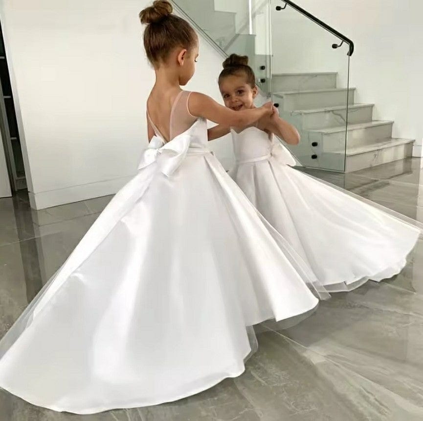 Sunnypetal Simple White Child Flower Girl Dresses Tulle Satin Bow Firs   sunnypetal
