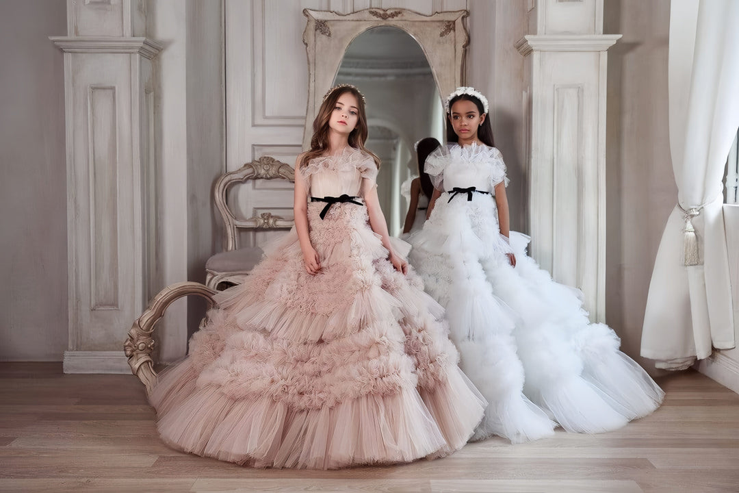 3m / White Sunnypetal Sophisticated A-Line Tulle Ruffled Flower Girl Dress with Sheer Shoulders & Black Velvet Bow