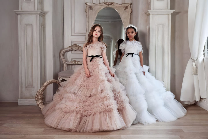 3m / White Sunnypetal Sophisticated A-Line Tulle Ruffled Flower Girl Dress with Sheer Shoulders & Black Velvet Bow