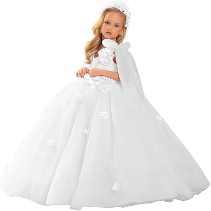 3m / White Sunnypetal Sweet Pink V-Neck Floral Tulle Flower Girl Dresses Wedding Communion Gown