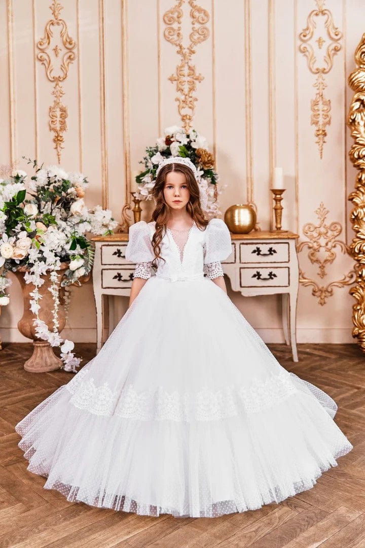 3m / White Sunnypetal Vintage Puff Sleeves Lace Tulle Flower Girl Dresses First Holy Communion Dress