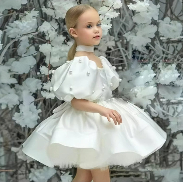 3m / White Sunnypetal Vintage Puffy Sleeves Knee-Length Satin Flower Girl Dresses with Pearls / Bow