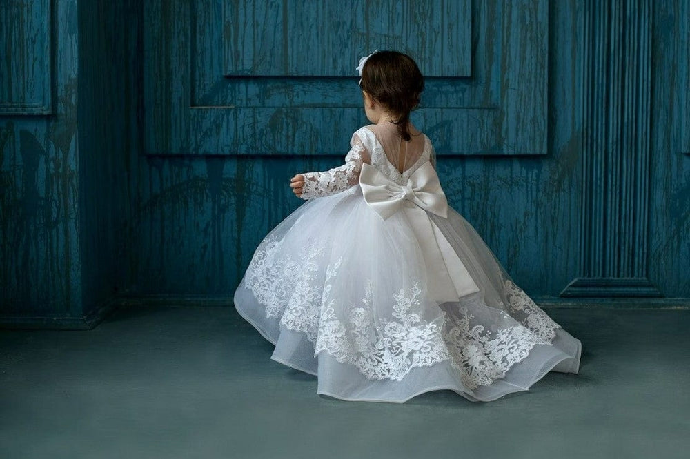 3m / White Sunnypetal White Baby Toddler Baptism Dress Long Sleeves Floral Lace Christening Dress