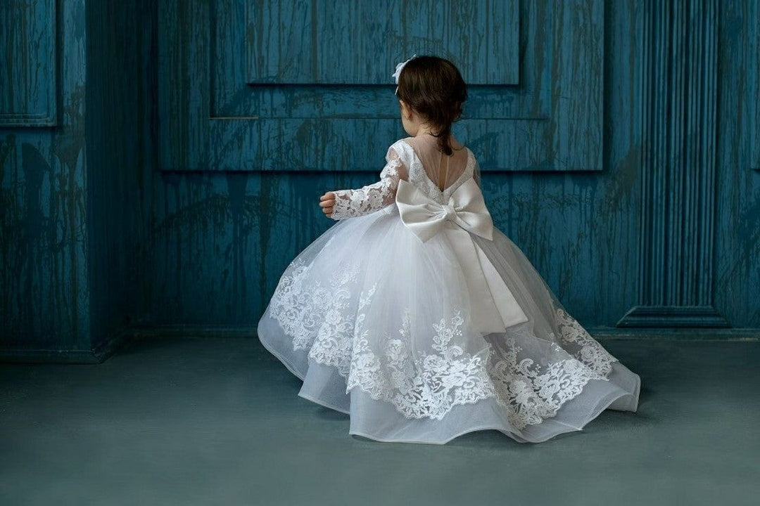 3m / White Sunnypetal White Baby Toddler Baptism Dress Long Sleeves Floral Lace Christening Dress