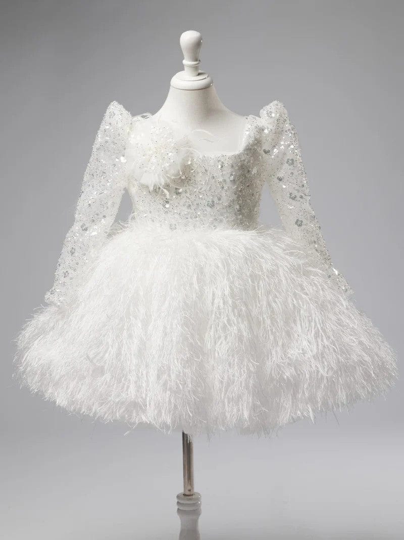 3m / White Sunnypetal White Ball-Gown Long Sleeves Sequin Feather Tulle Flower Girl Dresses