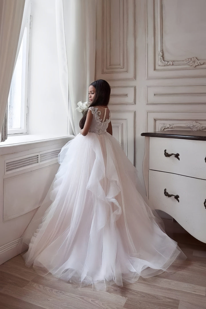 3m / White Sunnypetal White Cap Sleeves Puff Tulle Ball Gown First Holy Communion Dress