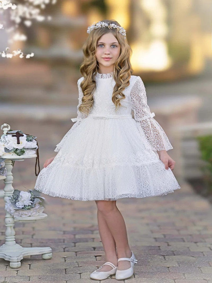 3m / White Sunnypetal White Flower Girl Dresses Long Sleeve Tulle Lace Bow Knee-Length Communion Dress