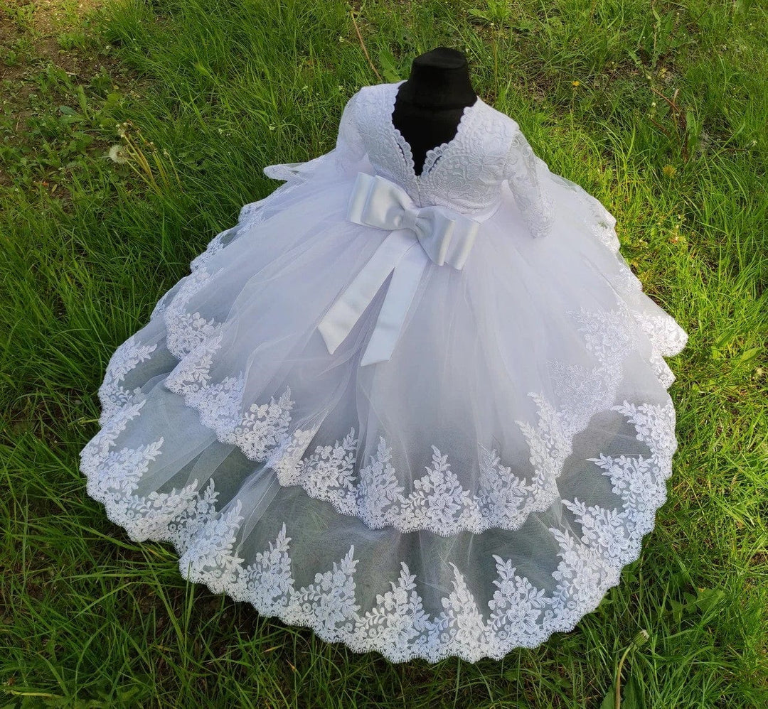 3m / White Sunnypetal White Half Sleeves Lace Appliques Toddler Baptism Dress Christening Gown