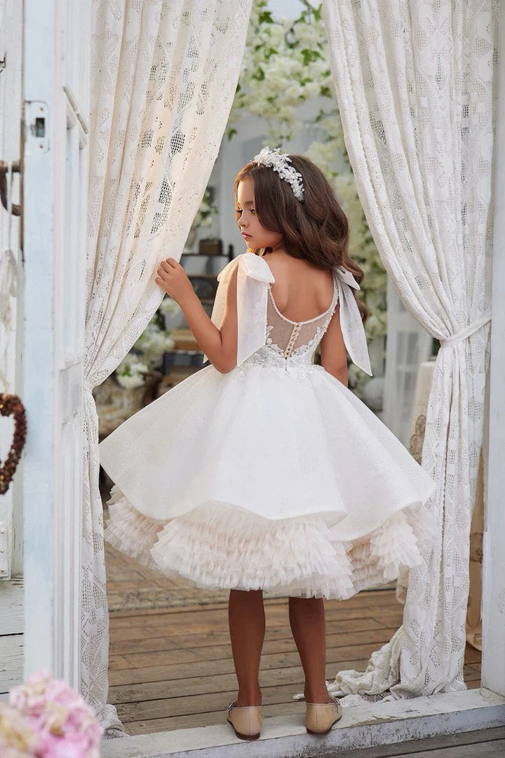 3m / White Sunnypetal White Lace Sequins Beads Flower Girl Dress Ball-Gown Knee-Length Ruffled Dress
