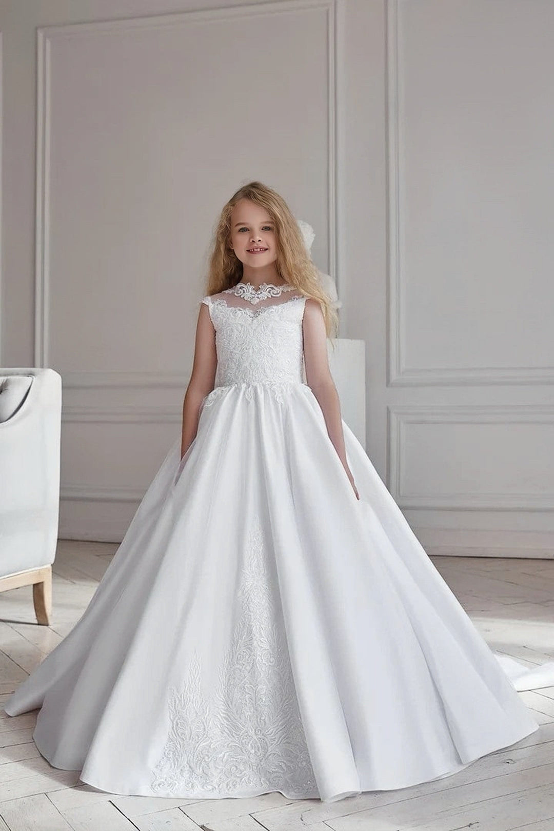 3m / White Sunnypetal White Lace Sleeveless Satin Bodice Long Classy First Communion Dress with Train