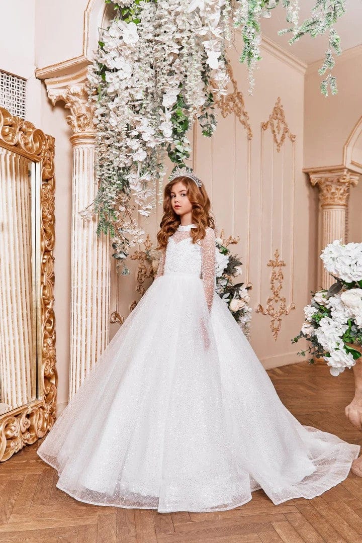 3m / White Sunnypetal White Long Princess Glitter Tulle Dress with Bow