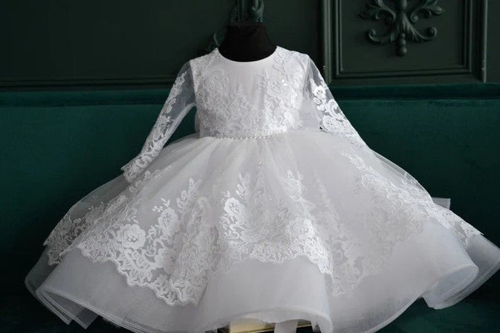 3m / White Sunnypetal White Long Sleeves Floral Lace Sequin Baptism Gown with Bow