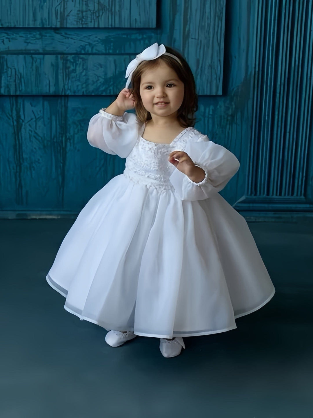 3m / White Sunnypetal White Puff Long Sleeves Square Neck Christening Dresses for Baby Girls