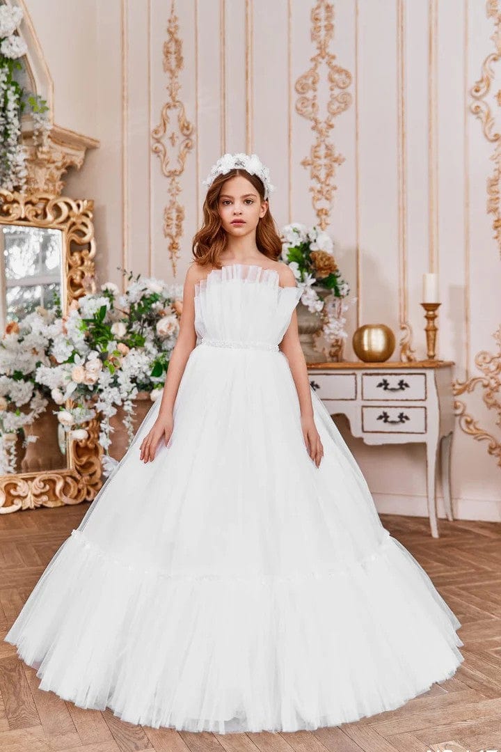 3m / White Sunnypetal White Ruffle Tulle Dress Off-The-Shoulder Floor-Length Wedding Communion Dress