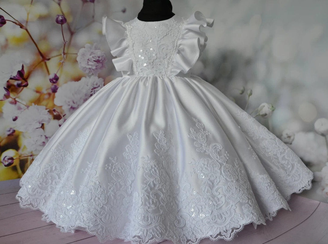 3m / White Sunnypetal White Ruffled Sleeves Satin Lace Baby Toddler Baptism Dress with Train
