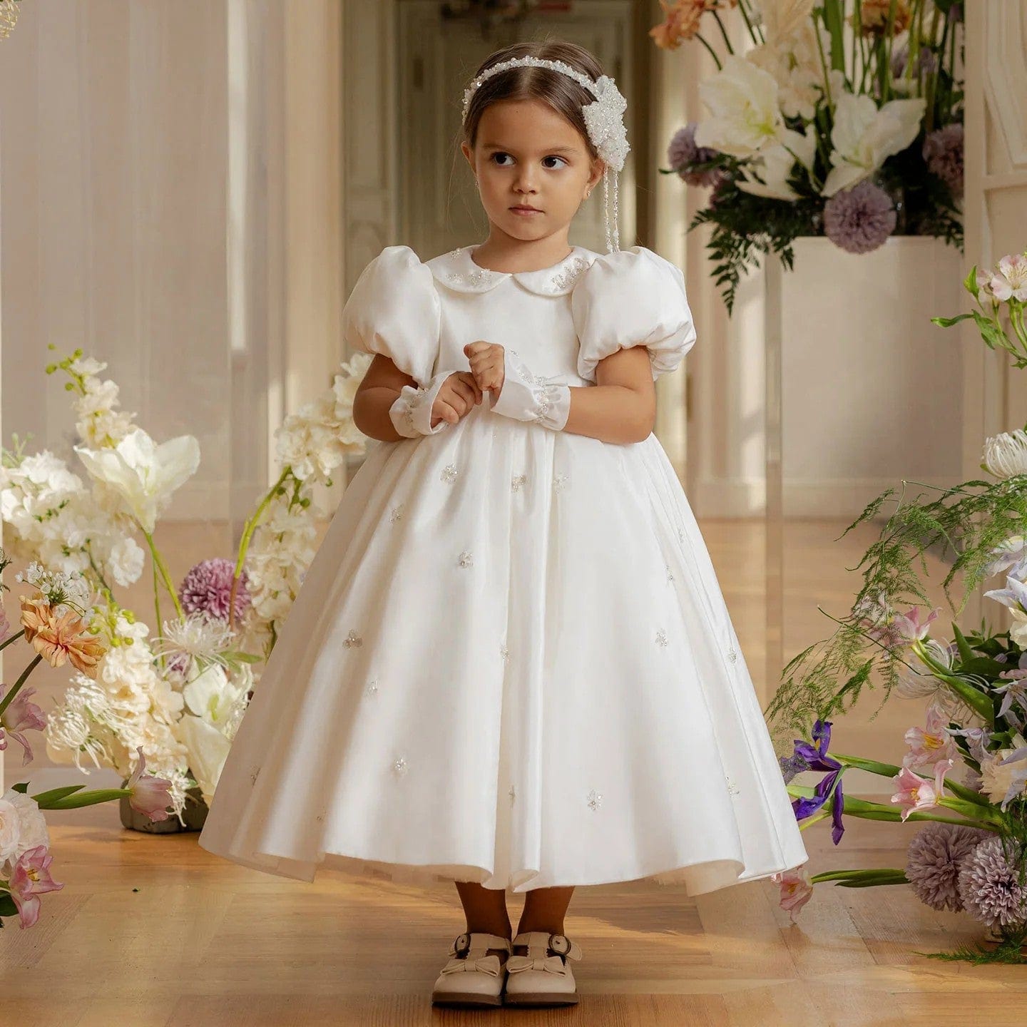 Sunnypetal Elegant Satin Ankle Length Flower Girl Dress First Communion Gown