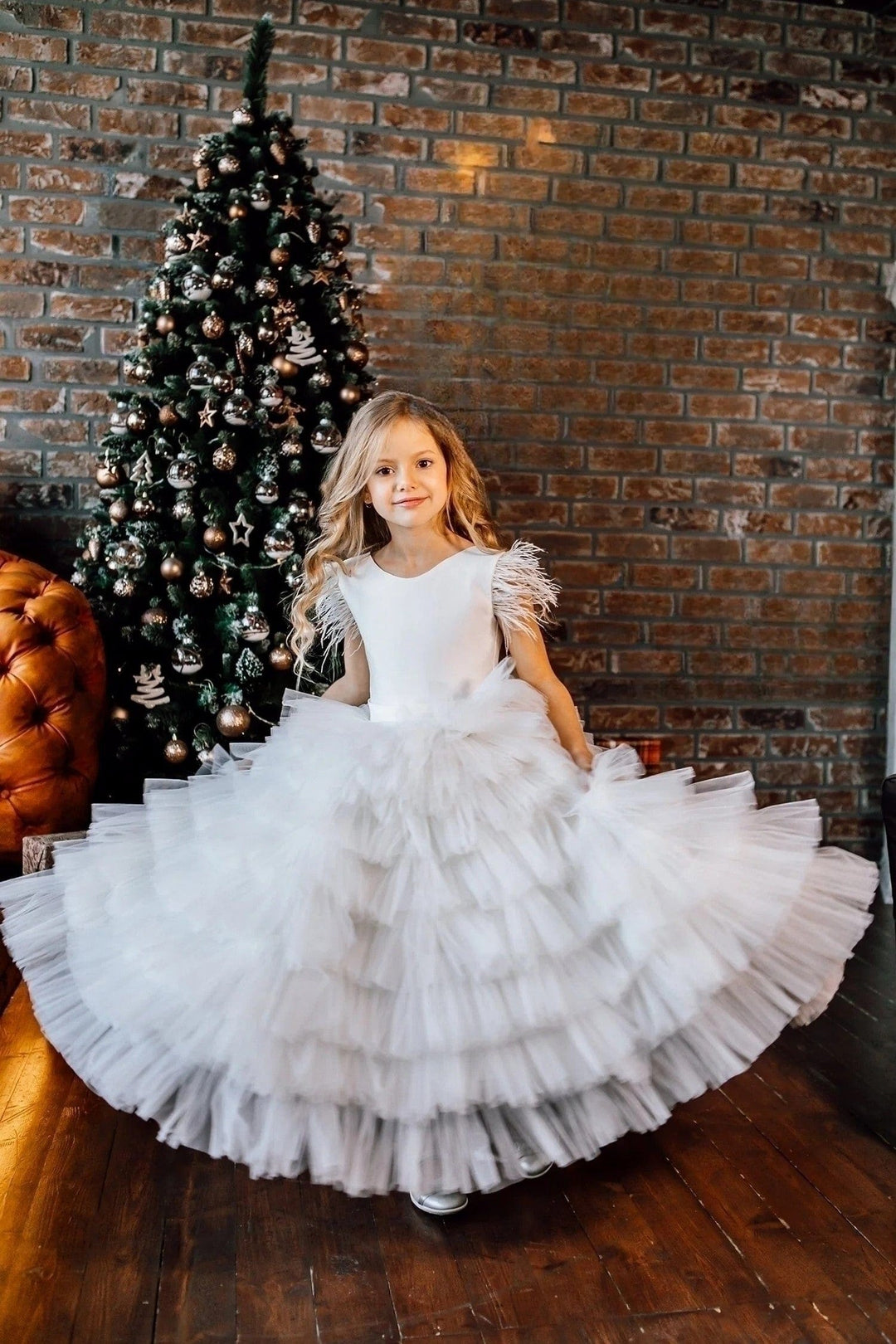3m / White Sunnypetal White Satin Bodice Layered Puff Tulle Communion Flower Girl Dresses with Feathers
