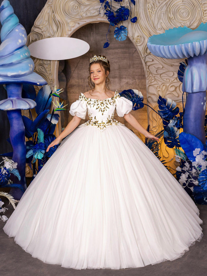 3m / White Sunnypetal White Satin Puff Sleeves Gold Sequins Bodice Long Tulle Flower Girl Dresses