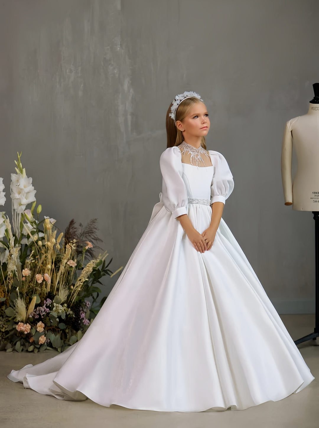 3m / White Sunnypetal White Satin Puff Sleeves High Beaded Neckline Traditional Communion Gown