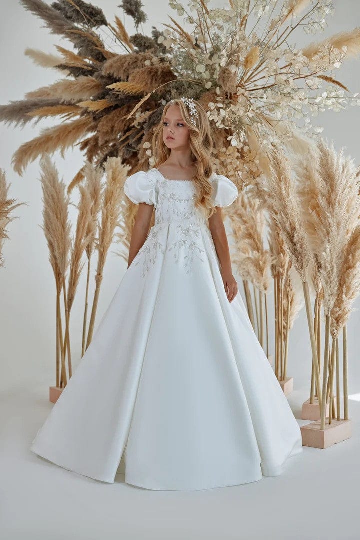 Sunnypetal White Satin Puff Sleeves Square Neck Appliques Sequins Holy –  sunnypetal