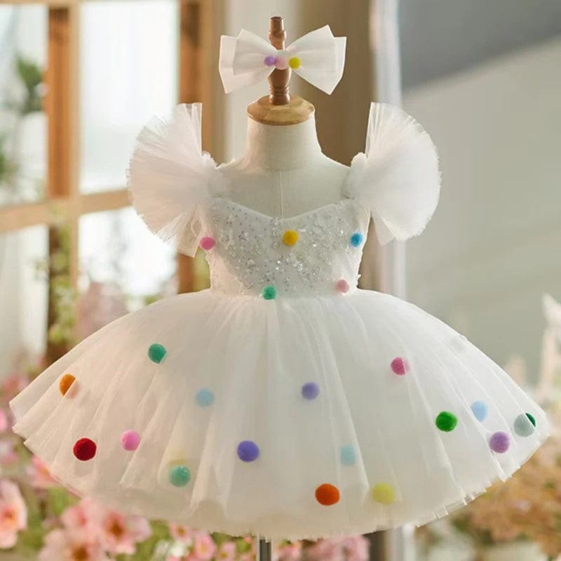 3m / White Sunnypetal White Sequins Puffy Sleeves Knee-Length Baby Girl Dresses with Colored Wool Balls