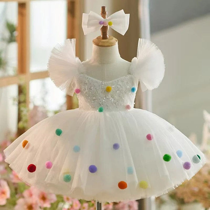 3m / White Sunnypetal White Sequins Puffy Sleeves Knee-Length Baby Girl Dresses with Colored Wool Balls