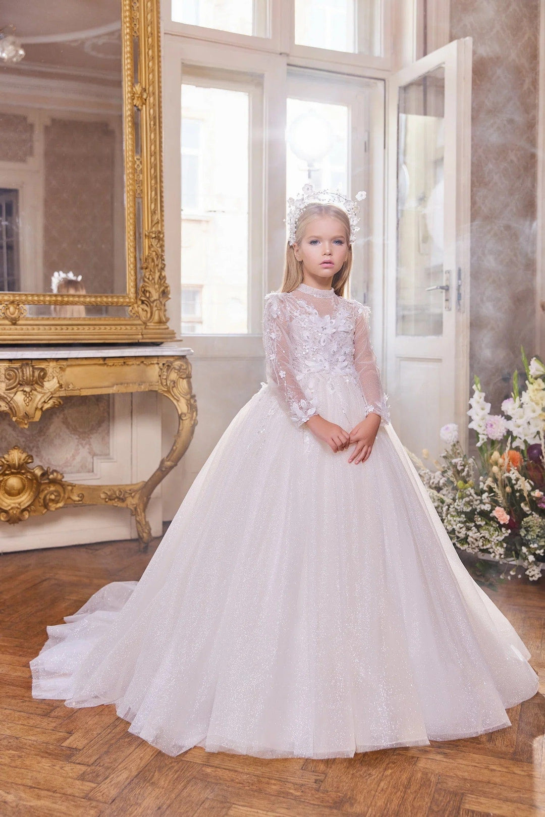 3m / White Sunnypetal White Shiny Tulle Princess Flower Girl Dresses Wedding First communion Gown