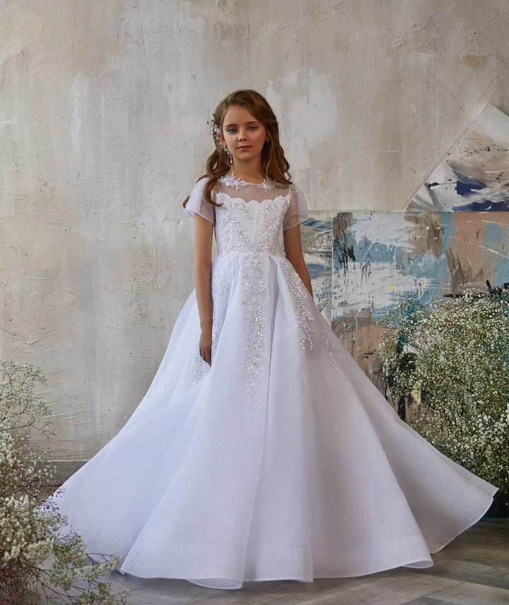 3m / White Sunnypetal White Short Sleeves Floral Embroidery Sequins Flower Girl Dresses for Wedding