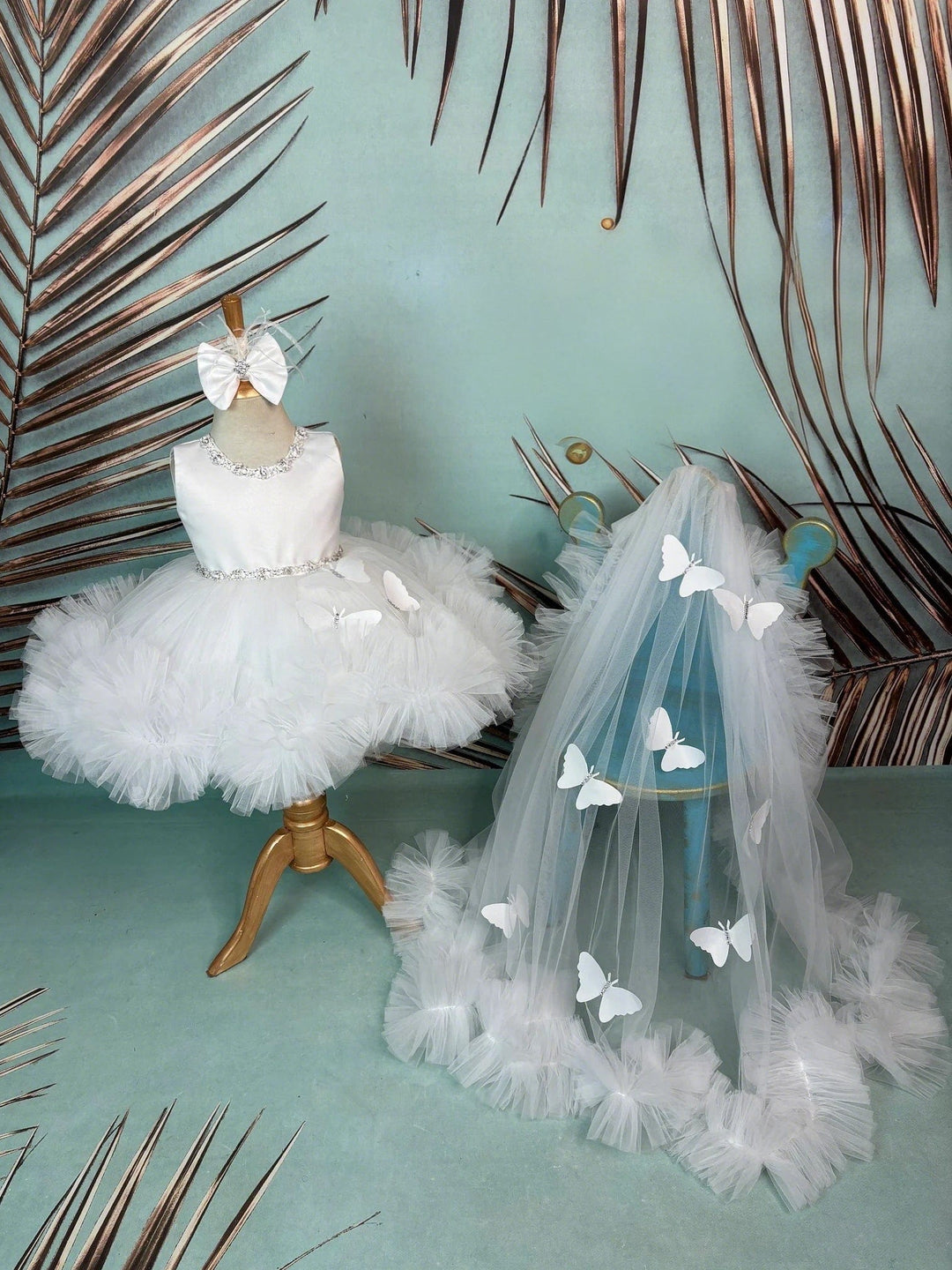 3m / White Sunnypetal White Tulle Flower Girl Dresses Baby Baptism 1st Birthday Ball Gown