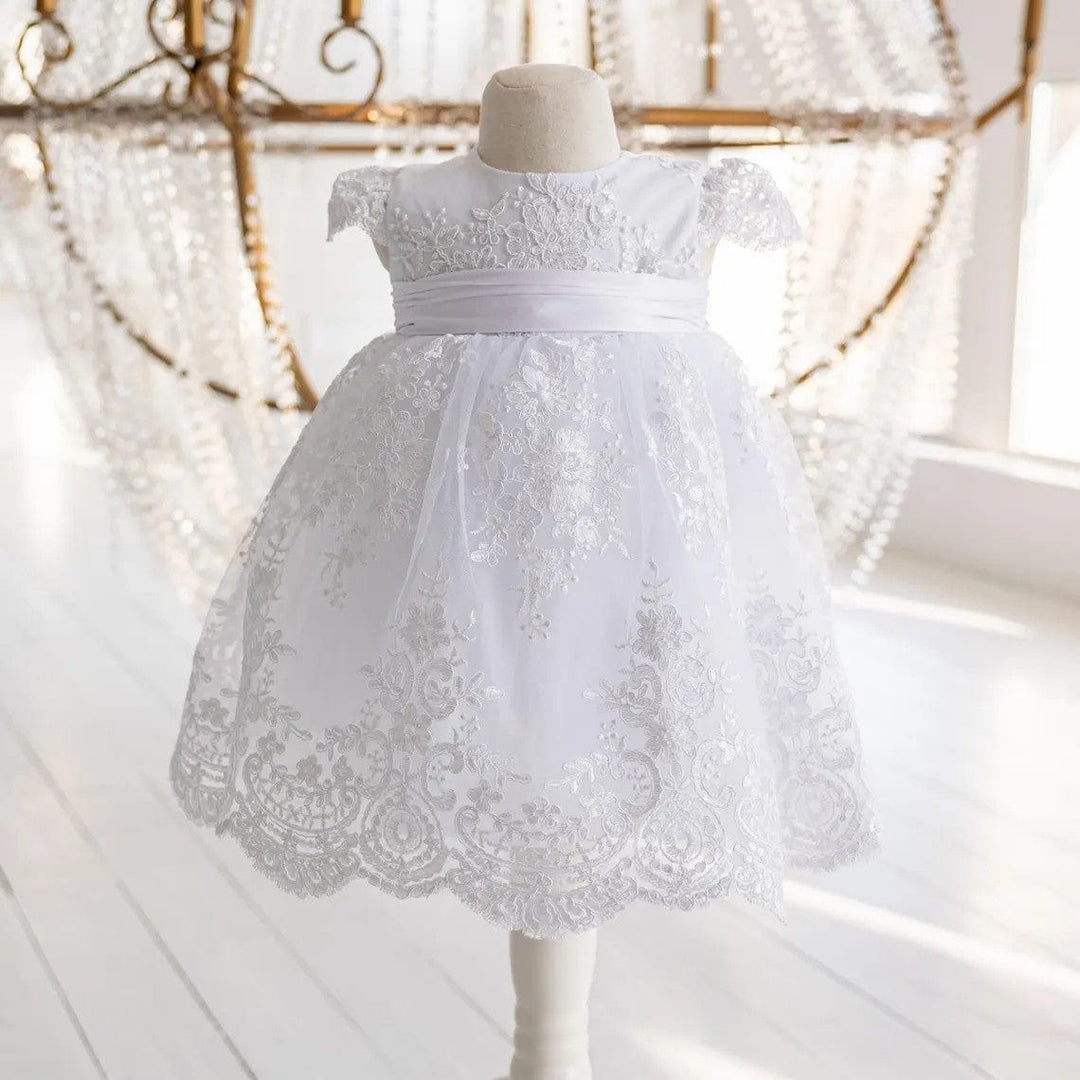 3m / White Without Headdress Sunnypetal White Baptism Dress Christening Gown for Baby Girls with Bow Belt