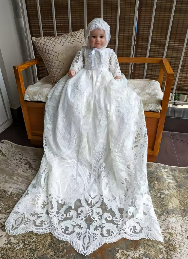 3m / White Without Headdress Sunnypetal White Long Sleeves Baby Girl Baptism Dress Christening Gown