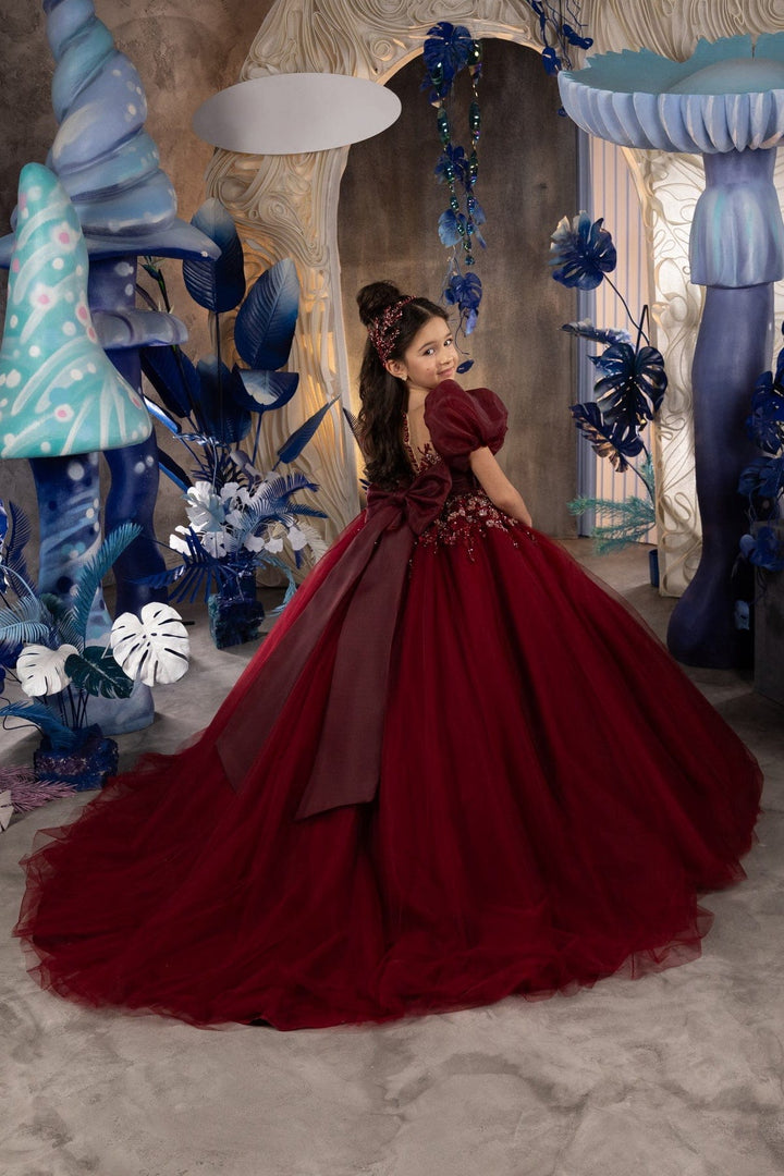 3m / Wine Red Sunnypetal Wine Red Puff Sleeves Long Tulle Ball Gown Flower Girl Dresses with Satin Bow