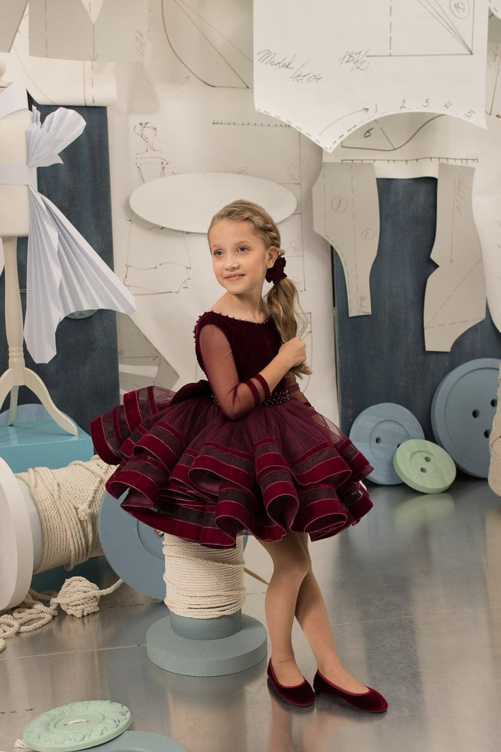 3m / Wine Red Sunnypetal Wine Red V Back Velvet Bow Tulle Knee-Length Ball Gown Flower Girl Dresses