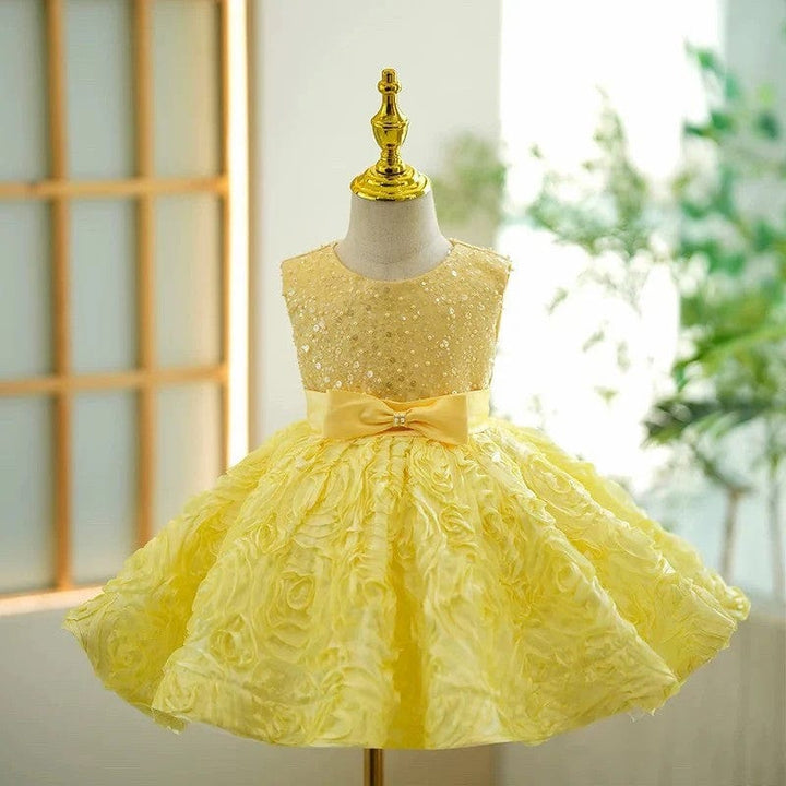 3m / Yellow Sunnypetal Elegant Yellow Sequin Bow Short Birthday Flower Girl Dresses