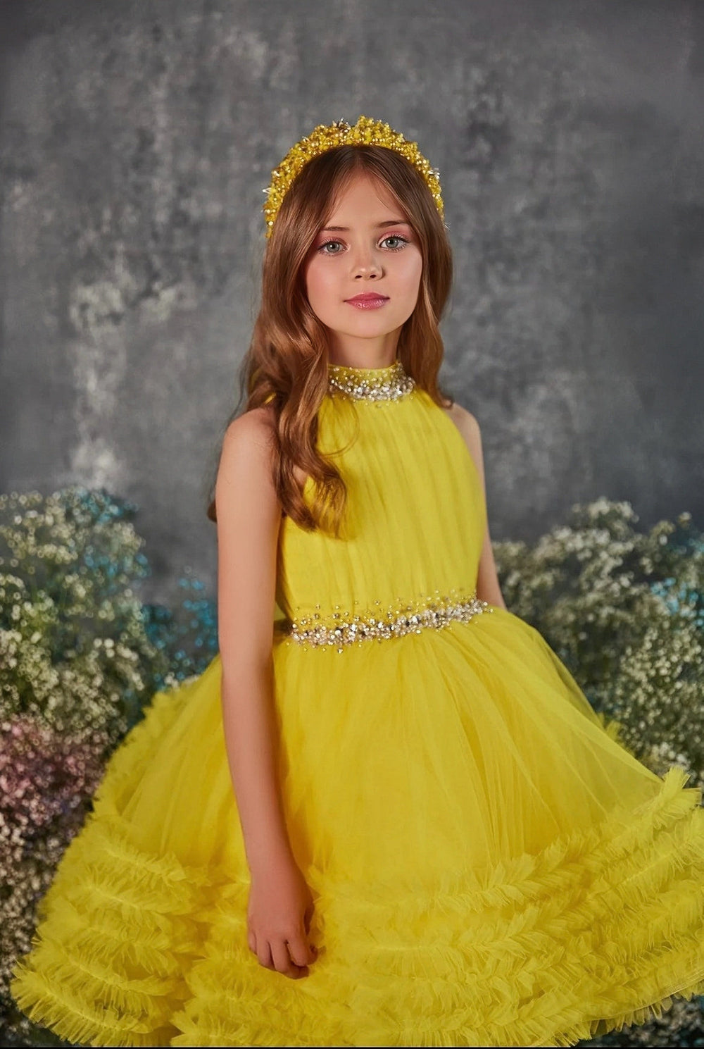 3m / Yellow Sunnypetal High Neck Sleeveless Soft Fluffy Ruffles Tulle Flower Girl Dresses