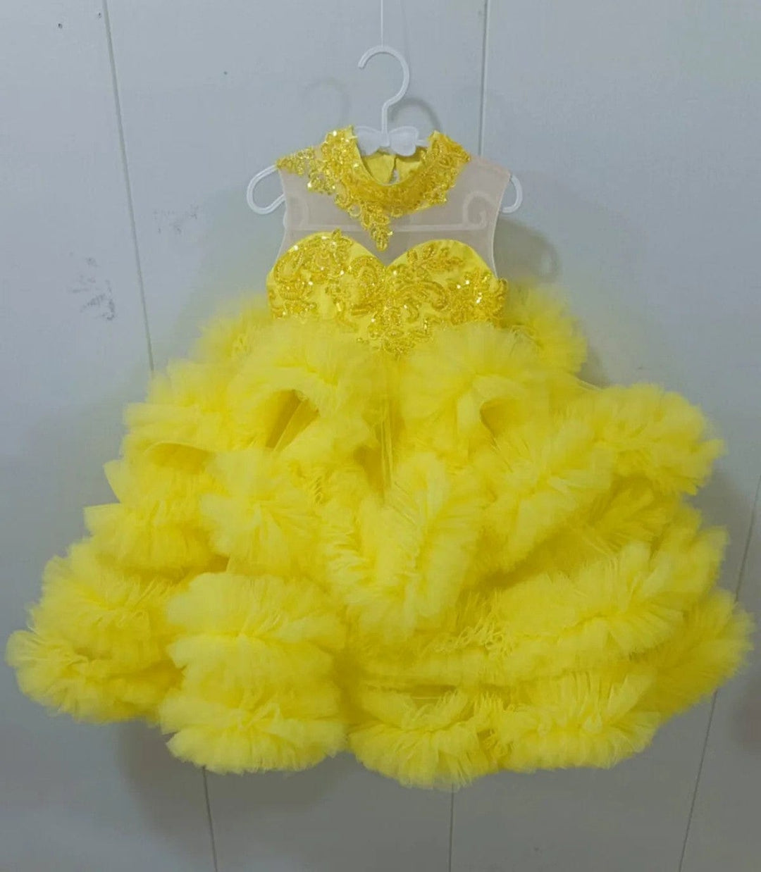 3m / Yellow Sunnypetal Luxury Pink Ruffled Tulle Flower Girl Dress with Beaded Lace Appliques
