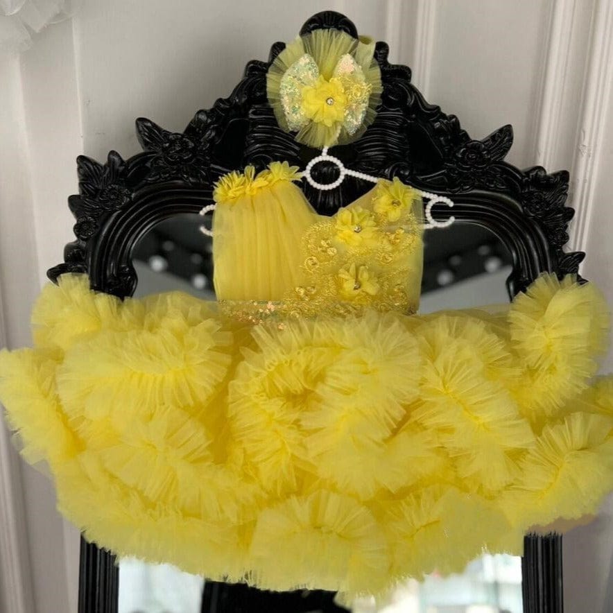 3m / Yellow Sunnypetal Sleeveless Floral Appliques Knee-Length Flower Girl Dresses