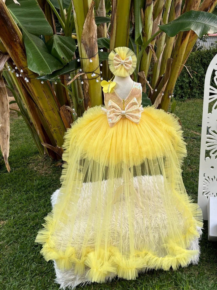 3m / Yellow Sunnypetal Yellow Butterfly Baby Girl Pageant Dress Long Tail Girl Prom Party Gown