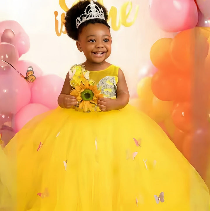 3m / Yellow Sunnypetal Yellow Flower Girl Dresses Jewel 3D Butterfly Tulle Tiered Ball Gown