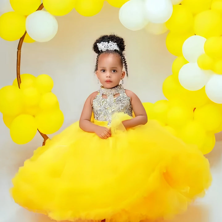 3m / Yellow Sunnypetal Yellow Kids Birthday Prom Gown High Neck Beading Flower Girl Dresses