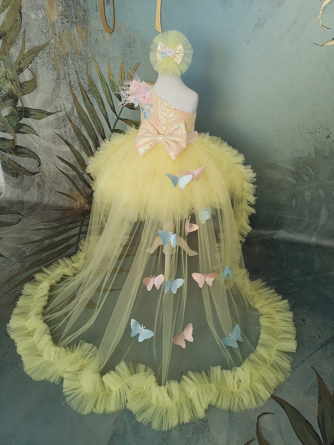 3m / Yellow Sunnypetal Yellow One-Shoulder Long Tail 3D Butterfly Girl Dresses with Detachable Train