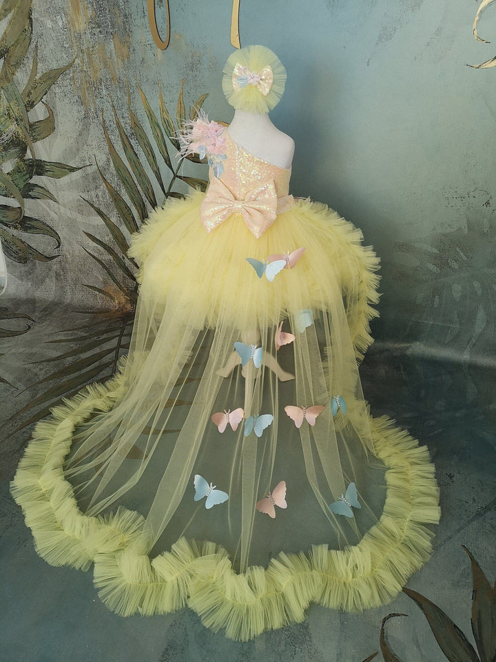 3m / Yellow Sunnypetal Yellow One-Shoulder Long Tail 3D Butterfly Girl Dresses with Detachable Train