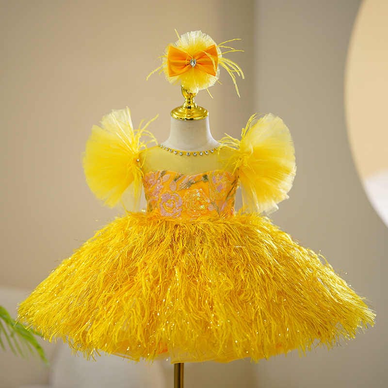 3m / Yellow Sunnypetal Yellow Puff Sleeves Feathers Tulle Baby Girl Birthday Prom Pageant Dress
